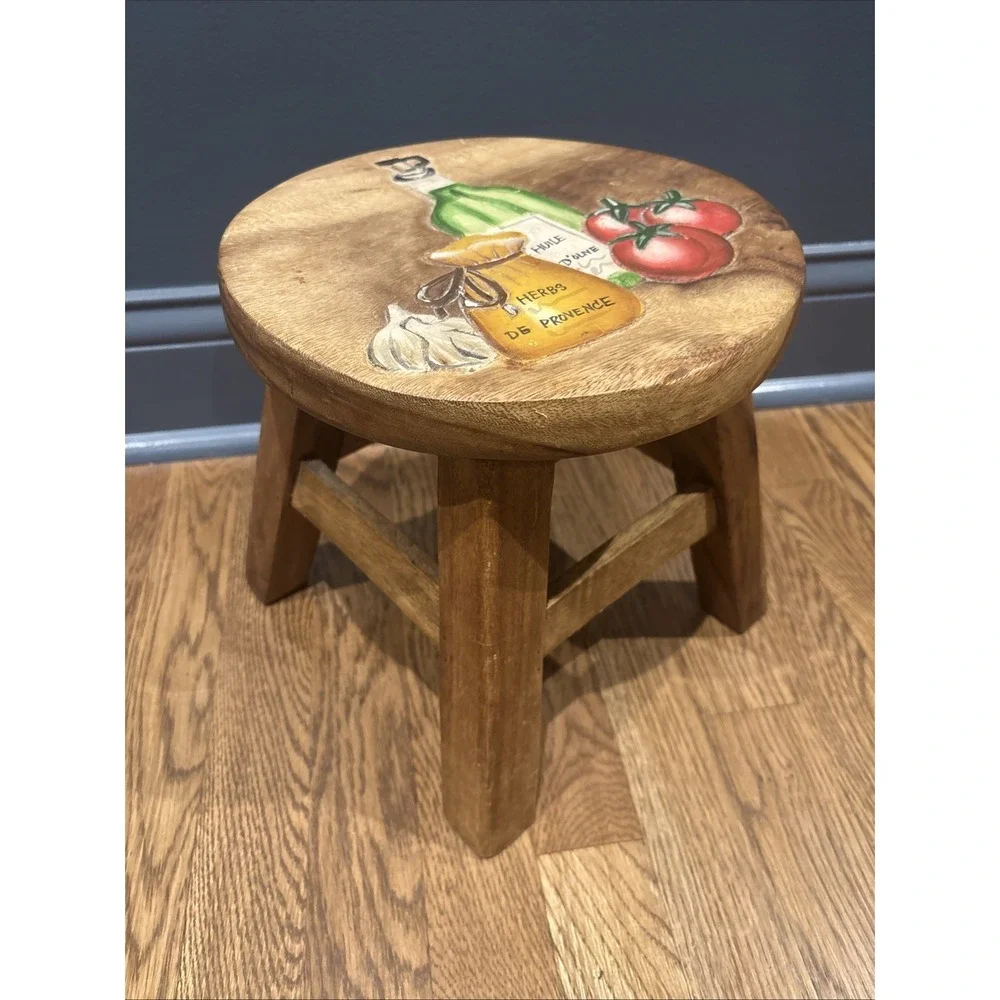Rustic Carved wood Stool Hand Painted 10